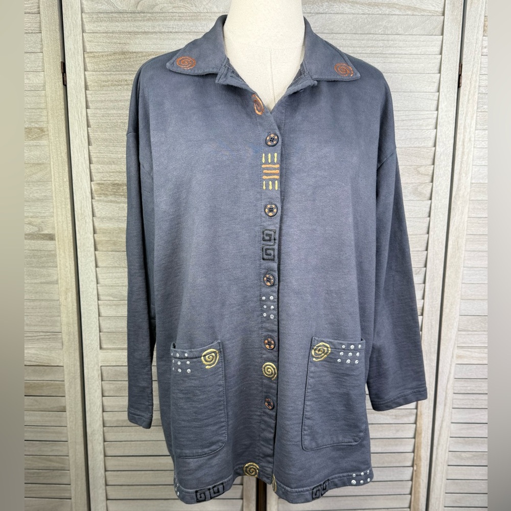 BABYTOES CLOTHING Gray Boho 100% Cotton Handpainted Button Front Cardigan-XL